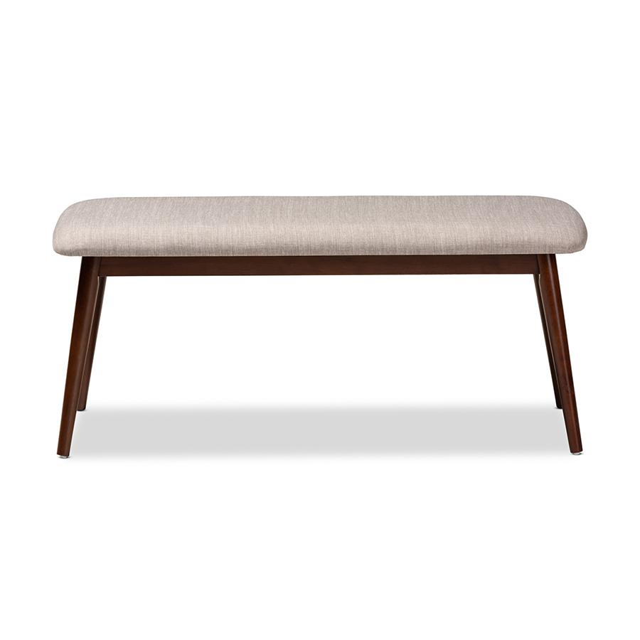 Baxton Studio Flora Mid-Century Modern Light Grey Fabric Upholstered Walnut Finished Wood Dining Bench. Picture 3