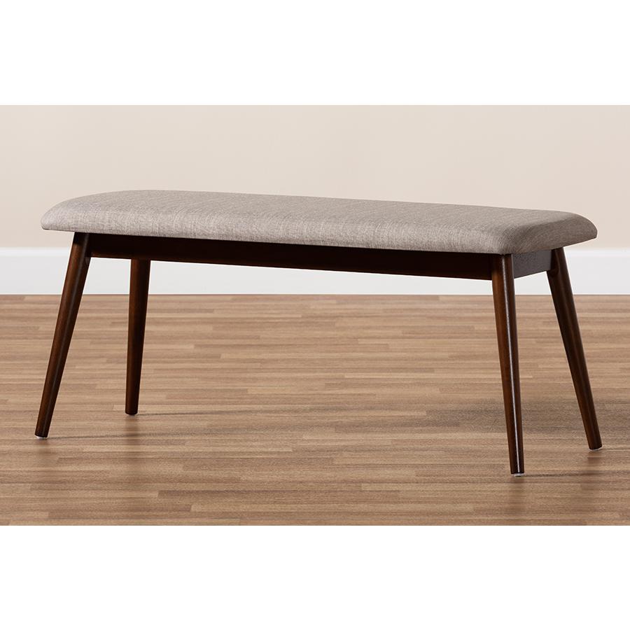 Baxton Studio Flora Mid-Century Modern Light Grey Fabric Upholstered Walnut Finished Wood Dining Bench. Picture 1