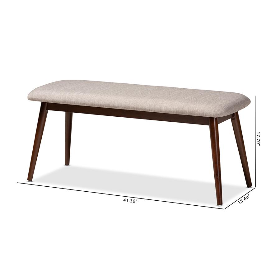 Baxton Studio Flora Mid-Century Modern Light Grey Fabric Upholstered Walnut Finished Wood Dining Bench. Picture 9
