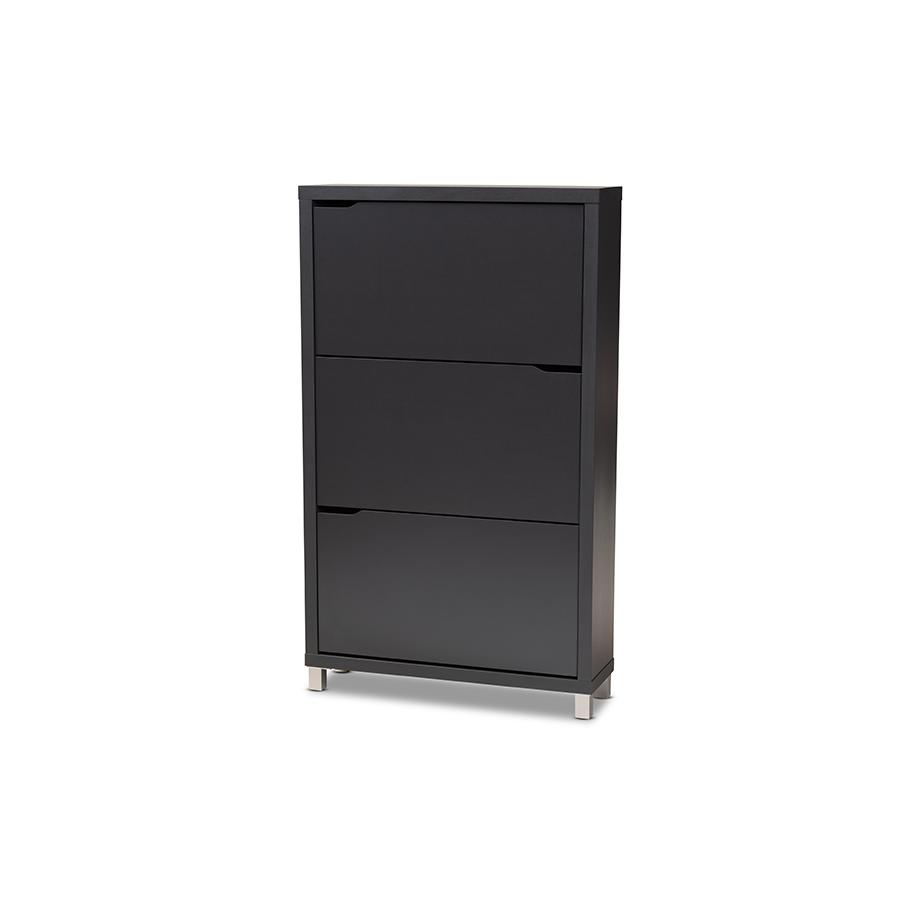 Simms Dark Grey Finished Wood Shoe Storage Cabinet with 6 Fold-Out Racks. Picture 1