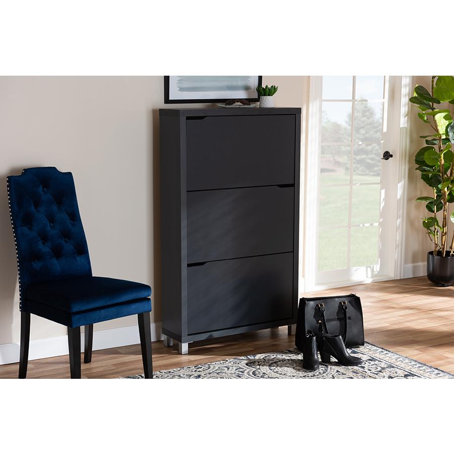 Baxton Studio Simms Modern and Contemporary Dark Grey Finished Wood Shoe Storage Cabinet with 6 Fold-Out Racks. Picture 7