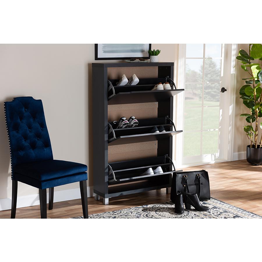 Baxton Studio Simms Modern and Contemporary Dark Grey Finished Wood Shoe Storage Cabinet with 6 Fold-Out Racks. Picture 8