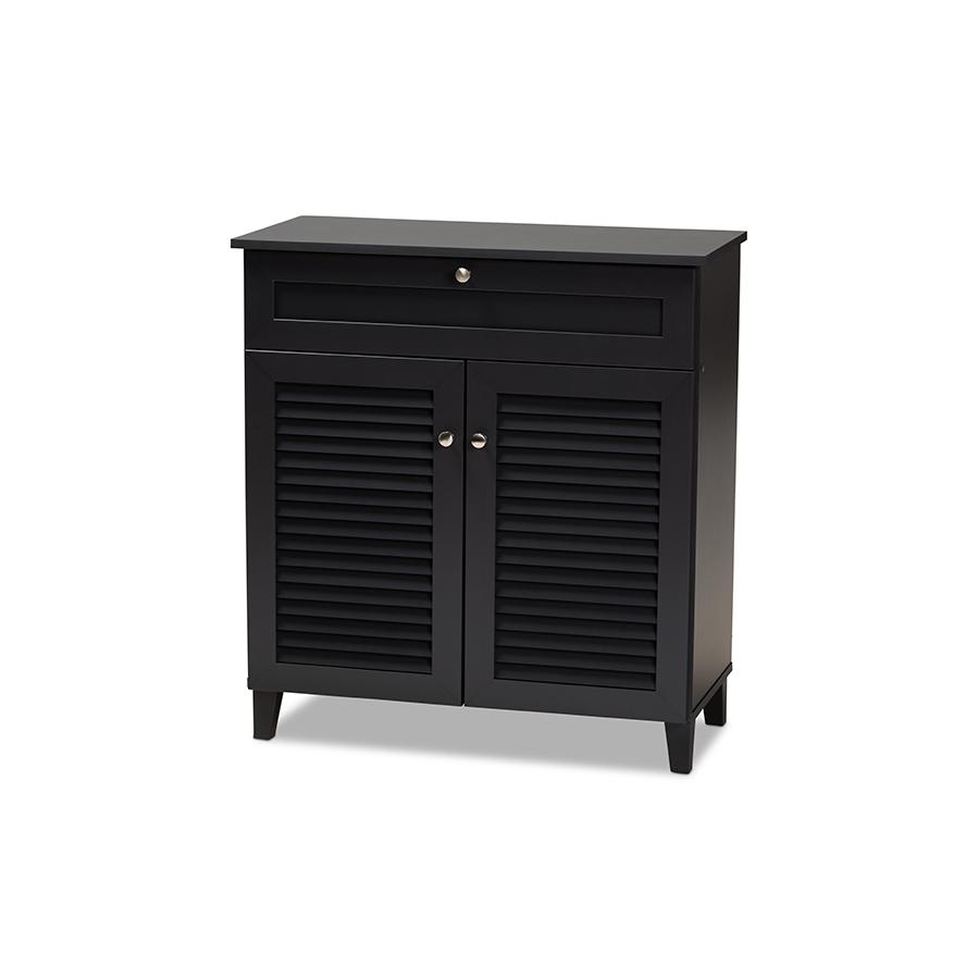 Dark Grey Finished 4-Shelf Wood Shoe Storage Cabinet with Drawer. Picture 1