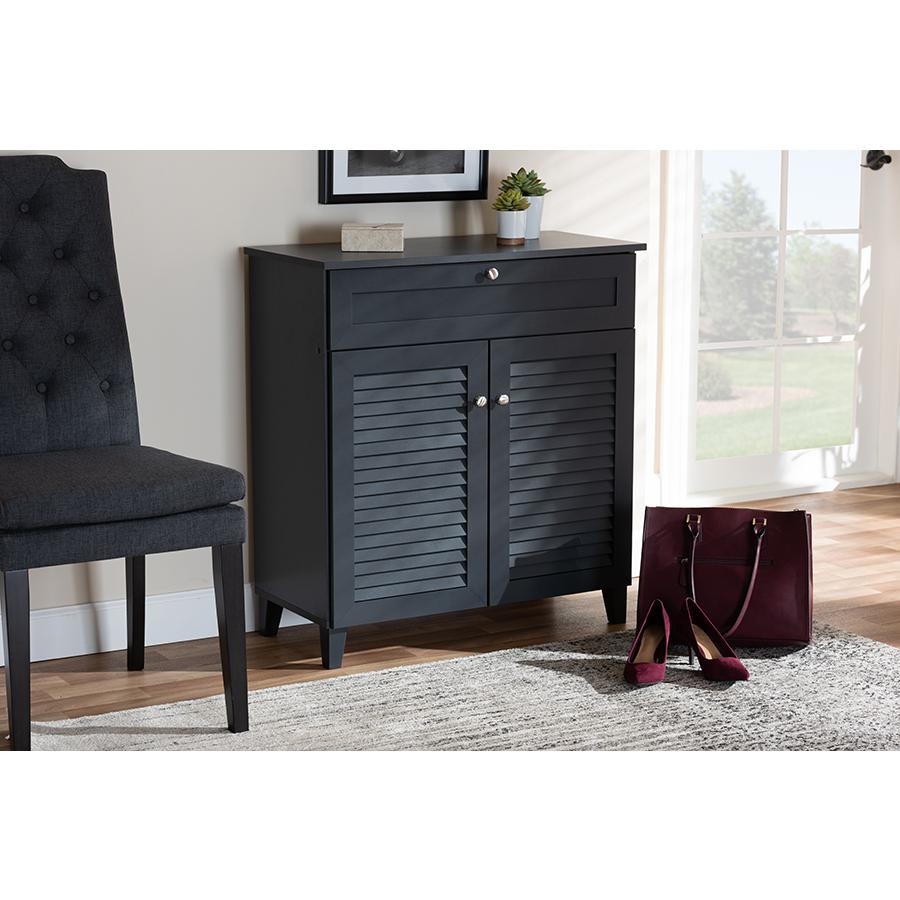 Baxton Studio Coolidge Modern and Contemporary Dark Grey Finished 4-Shelf Wood Shoe Storage Cabinet with Drawer. Picture 7