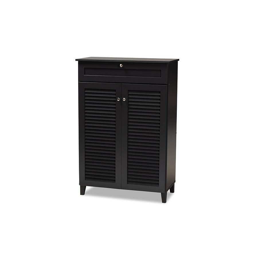Dark Grey Finished 5-Shelf Wood Shoe Storage Cabinet with Drawer. Picture 1
