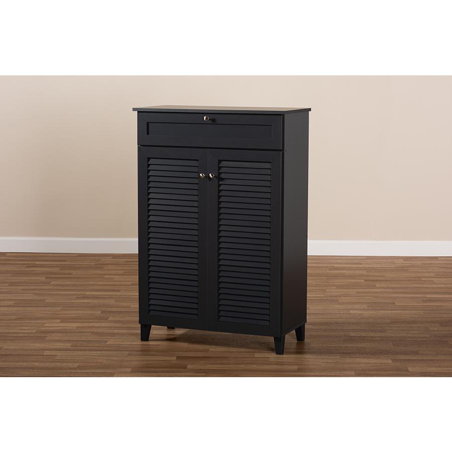 Baxton Studio Coolidge Modern and Contemporary Dark Grey Finished 5-Shelf Wood Shoe Storage Cabinet with Drawer. Picture 9