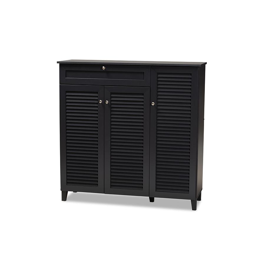 Baxton Studio Coolidge Modern and Contemporary Dark Grey Finished 11-Shelf Wood Shoe Storage Cabinet with Drawer. The main picture.