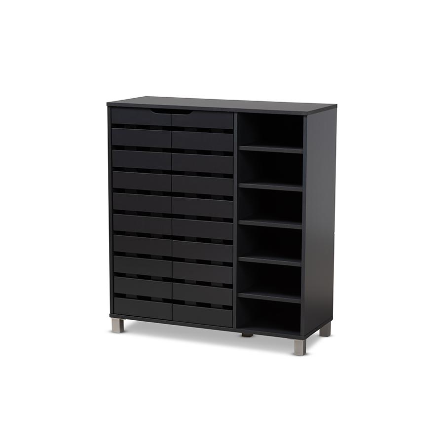 Dark Grey Finished 2-Door Wood Shoe Storage Cabinet with Open Shelves. Picture 1