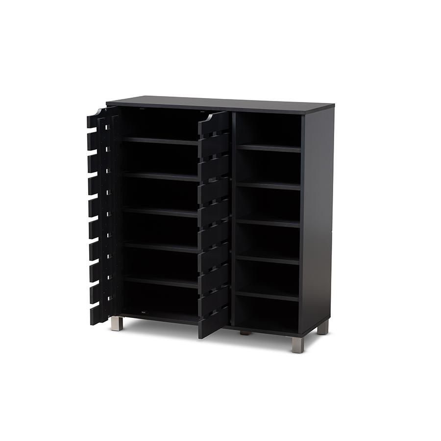 Dark Grey Finished 2-Door Wood Shoe Storage Cabinet with Open Shelves. Picture 2