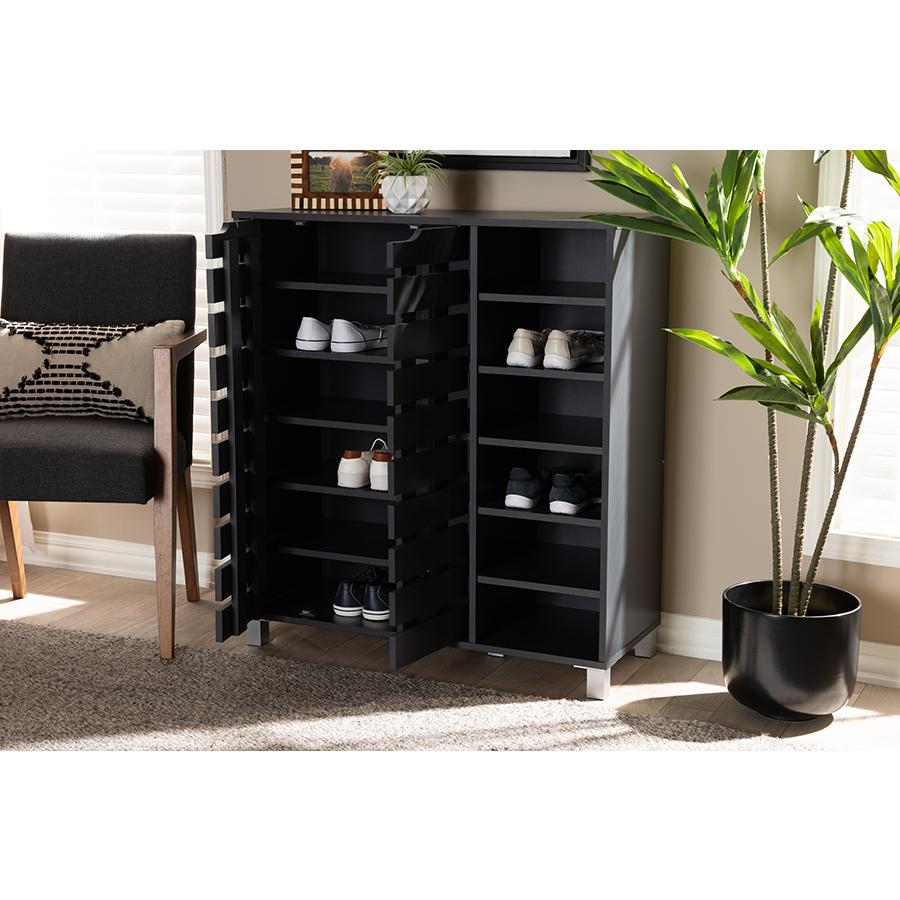 Baxton Studio Shirley Modern and Contemporary Dark Grey Finished 2-Door Wood Shoe Storage Cabinet with Open Shelves. Picture 9
