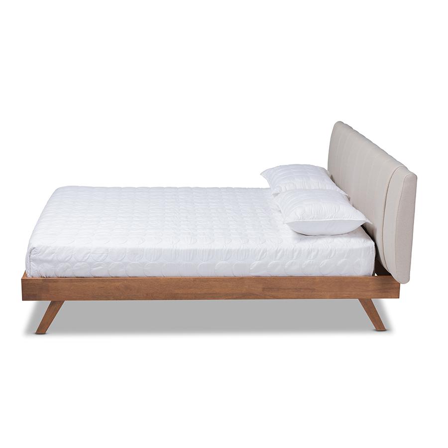 Baxton Studio Brita Mid-Century Modern Light Beige Fabric Upholstered Walnut Finished Wood Queen Size Bed. Picture 3