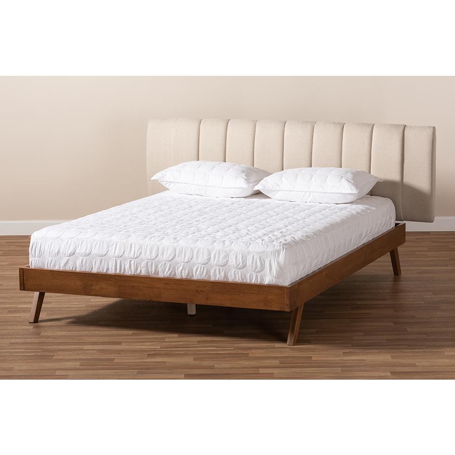 Baxton Studio Brita Mid-Century Modern Light Beige Fabric Upholstered Walnut Finished Wood Queen Size Bed. Picture 8