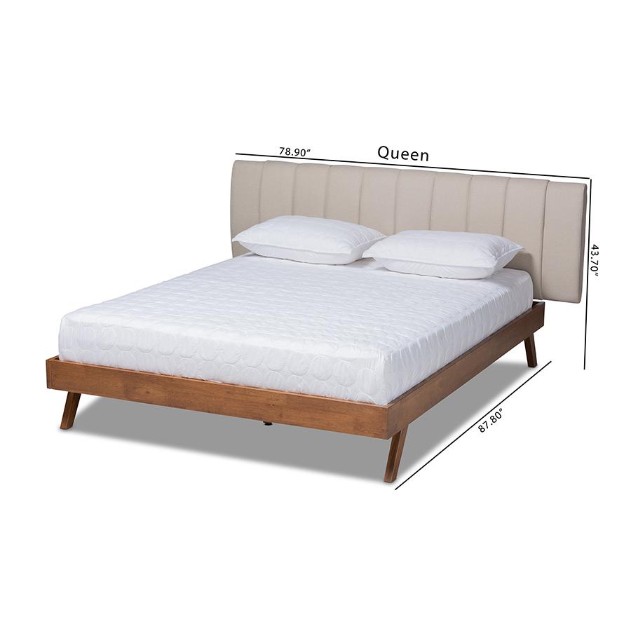 Baxton Studio Brita Mid-Century Modern Light Beige Fabric Upholstered Walnut Finished Wood Queen Size Bed. Picture 9