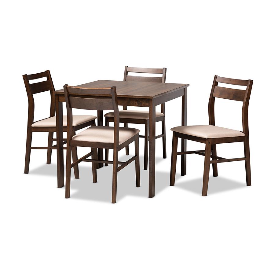 Beige Fabric Upholstered Dark Walnut-Finished 5-Piece Wood Dining Set. Picture 1