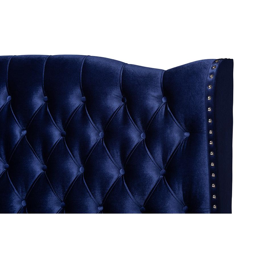 Luxe Purple Blue Velvet Fabric Upholstered Queen Size Wingback Bed. Picture 4