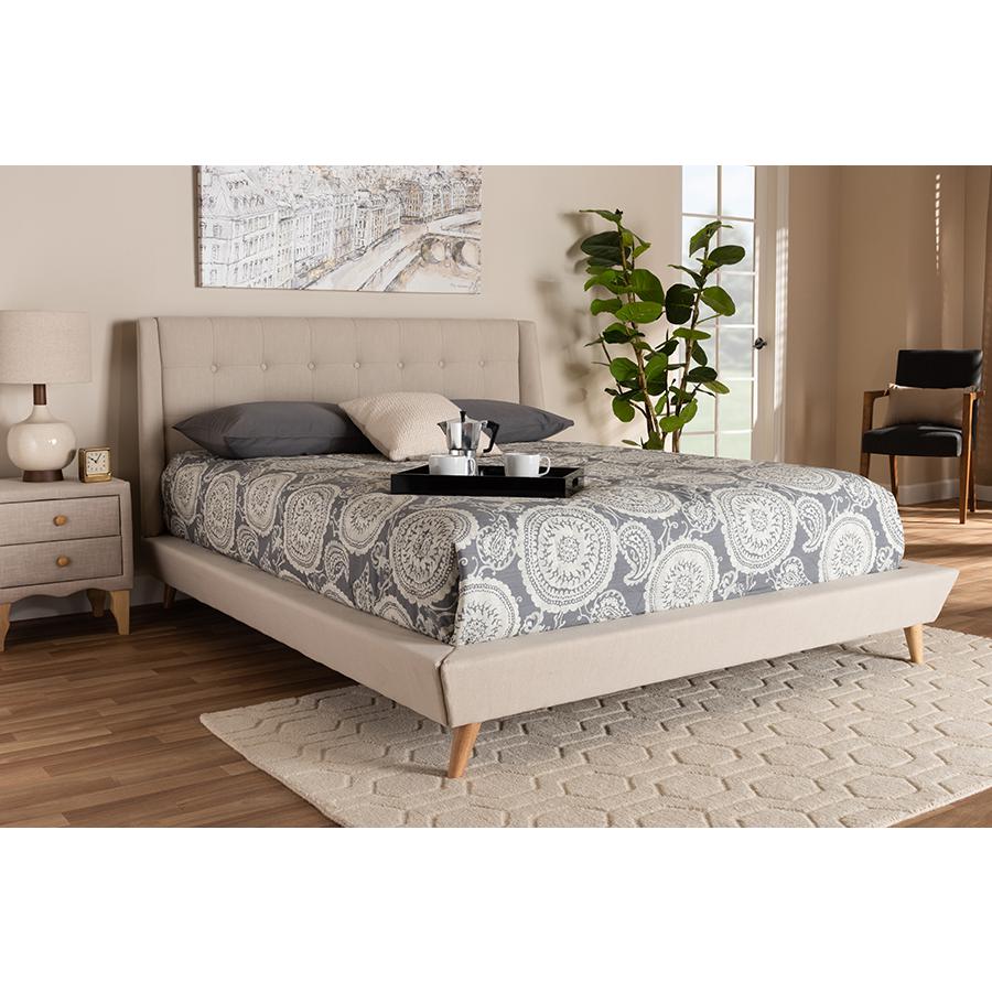 Naya Mid-Century Modern Beige Fabric Upholstered King Size Wingback Platform Bed. Picture 6