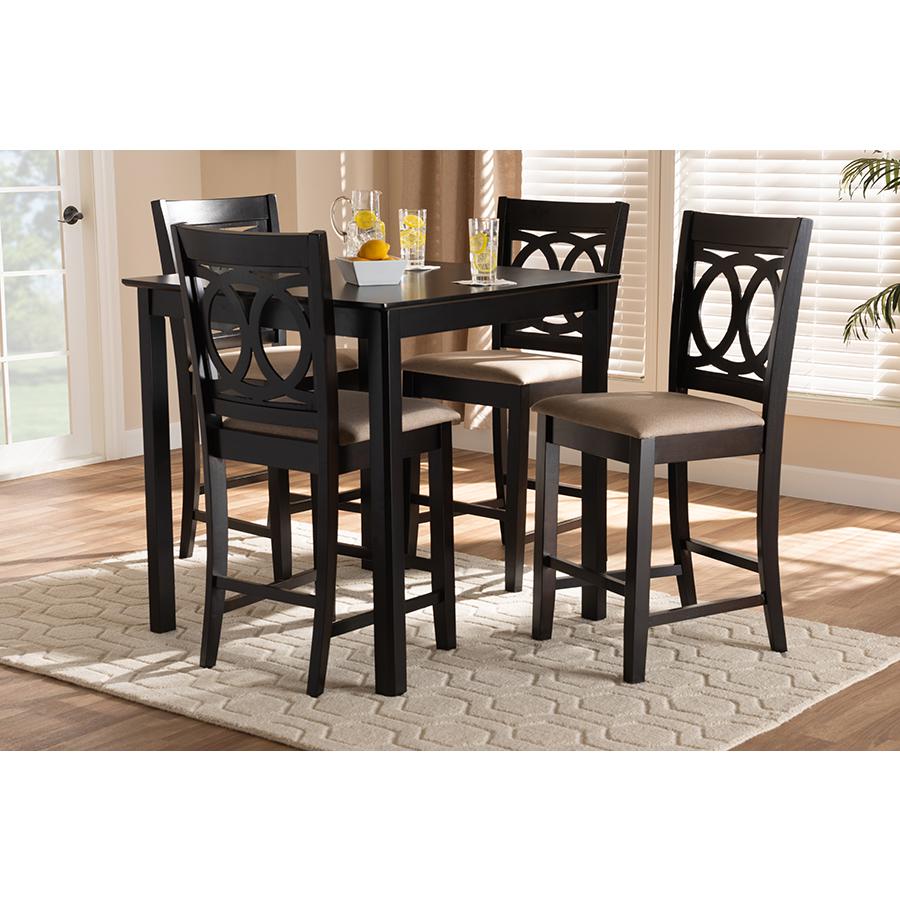 Baxton Studio Lenoir Modern and Contemporary Sand Fabric Upholstered Espresso Brown Finished 5-Piece Wood Pub Set. Picture 6