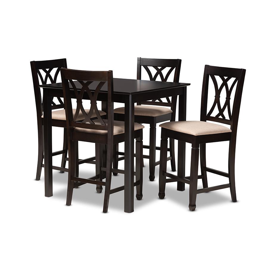 Baxton Studio Reneau Modern and Contemporary Sand Fabric Upholstered Espresso Brown Finished 5-Piece Wood Pub Set. Picture 2