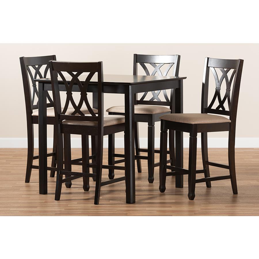 Baxton Studio Reneau Modern and Contemporary Sand Fabric Upholstered Espresso Brown Finished 5-Piece Wood Pub Set. Picture 1