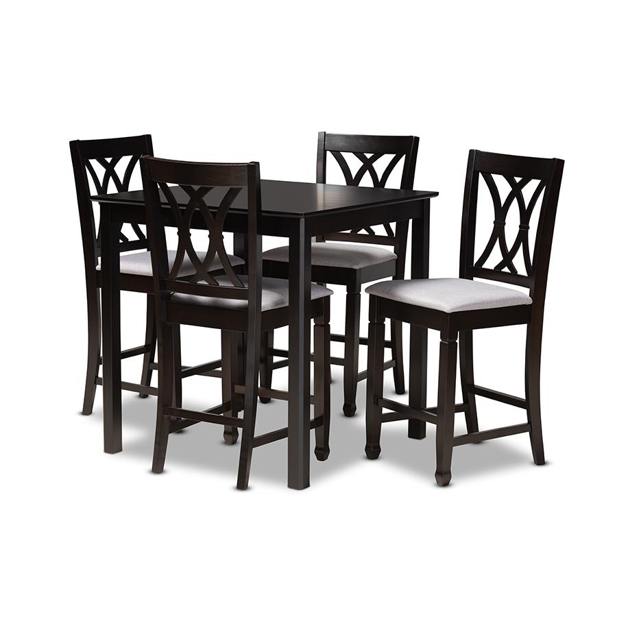 Baxton Studio Reneau Modern and Contemporary Gray Fabric Upholstered Espresso Brown Finished 5-Piece Wood Pub Set. Picture 2