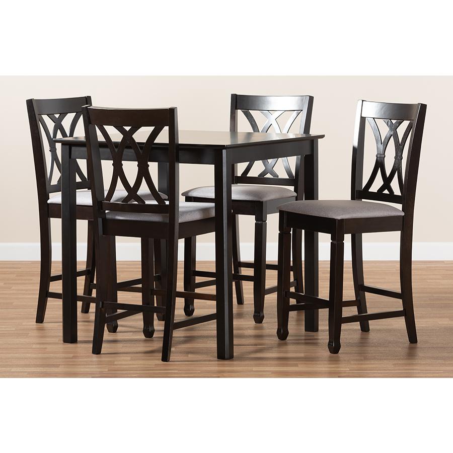 Gray Fabric Upholstered Espresso Brown Finished 5-Piece Wood Pub Set. Picture 6