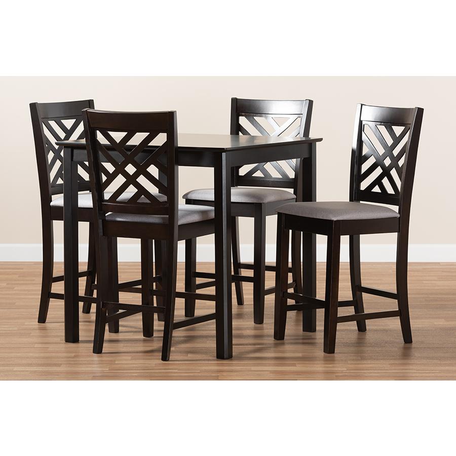 Baxton Studio Caron Modern and Contemporary Gray Fabric Upholstered Espresso Brown Finished 5-Piece Wood Pub Set. Picture 1