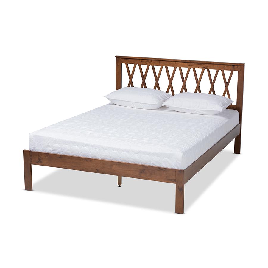 Malene Mid-Century Modern Walnut Finished Wood Queen Size Platform Bed. Picture 1