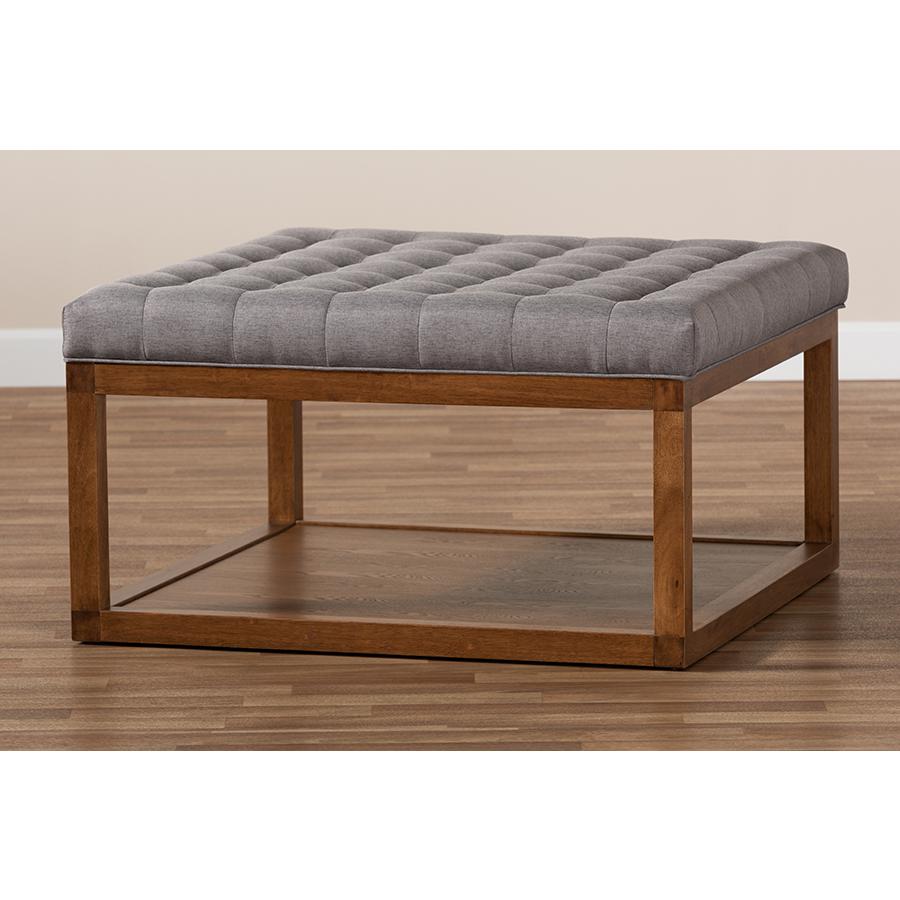 Grey Fabric Upholstered Walnut Finished Cocktail Ottoman. Picture 6