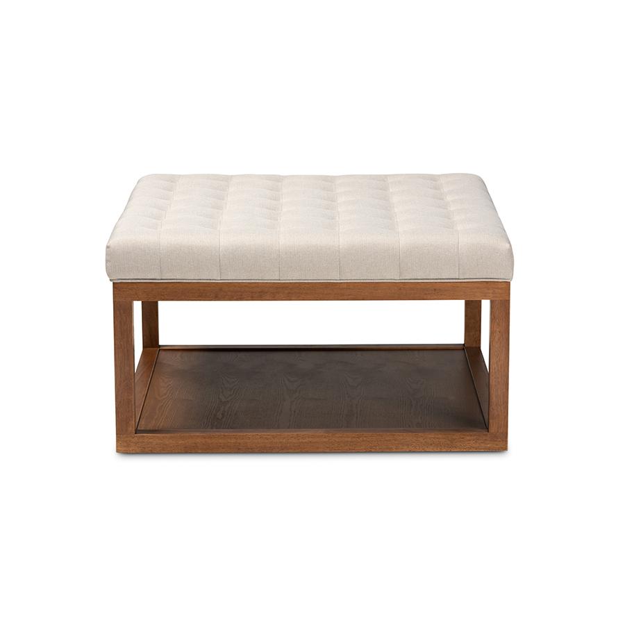 Beige Fabric Upholstered Walnut Finished Cocktail Ottoman. Picture 2