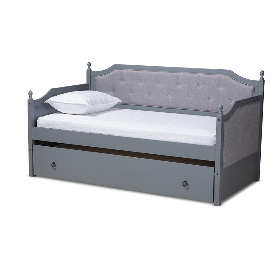 Baxton Studio Mara Classic and Traditional Grey Fabric Upholstered Grey Finished Wood Twin Size Daybed with Trundle. Picture 2
