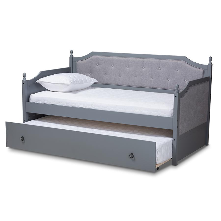 Baxton Studio Mara Classic and Traditional Grey Fabric Upholstered Grey Finished Wood Twin Size Daybed with Trundle. Picture 3