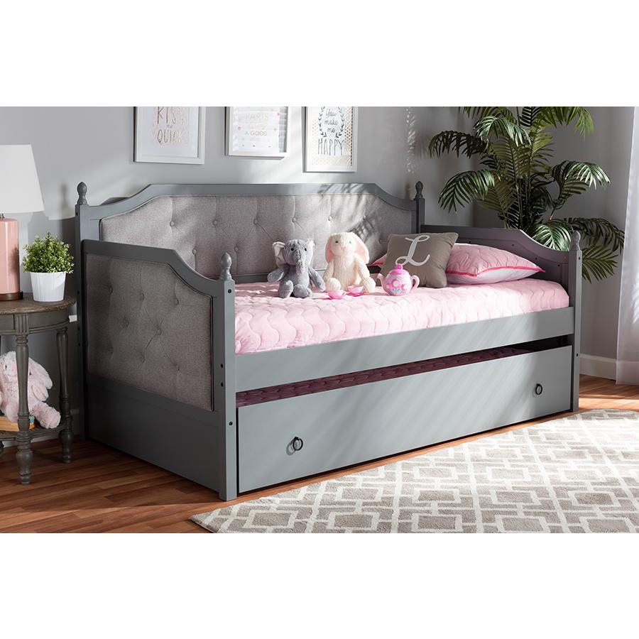 Baxton Studio Mara Classic and Traditional Grey Fabric Upholstered Grey Finished Wood Twin Size Daybed with Trundle. Picture 8