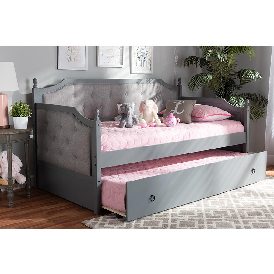 Baxton Studio Mara Classic and Traditional Grey Fabric Upholstered Grey Finished Wood Twin Size Daybed with Trundle. Picture 1