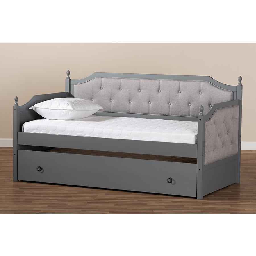 Baxton Studio Mara Classic and Traditional Grey Fabric Upholstered Grey Finished Wood Twin Size Daybed with Trundle. Picture 10