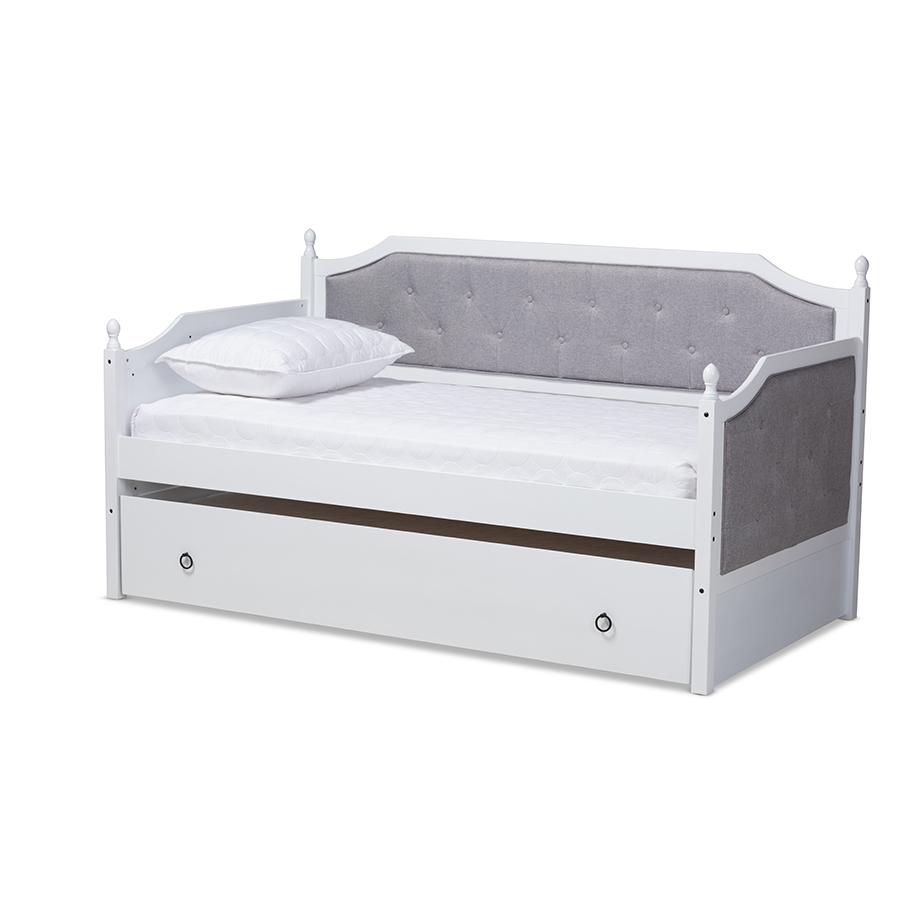 Baxton Studio Mara Classic and Traditional Grey Fabric Upholstered White Finished Wood Twin Size Daybed with Trundle. Picture 2