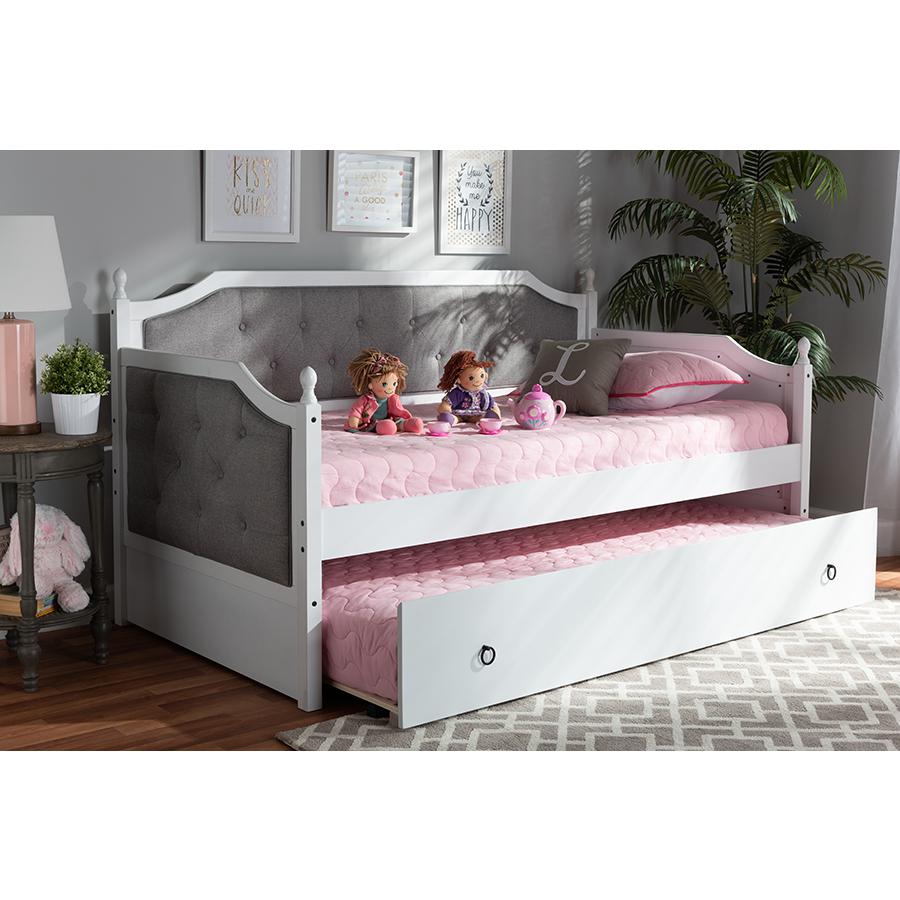 Baxton Studio Mara Classic and Traditional Grey Fabric Upholstered White Finished Wood Twin Size Daybed with Trundle. Picture 1