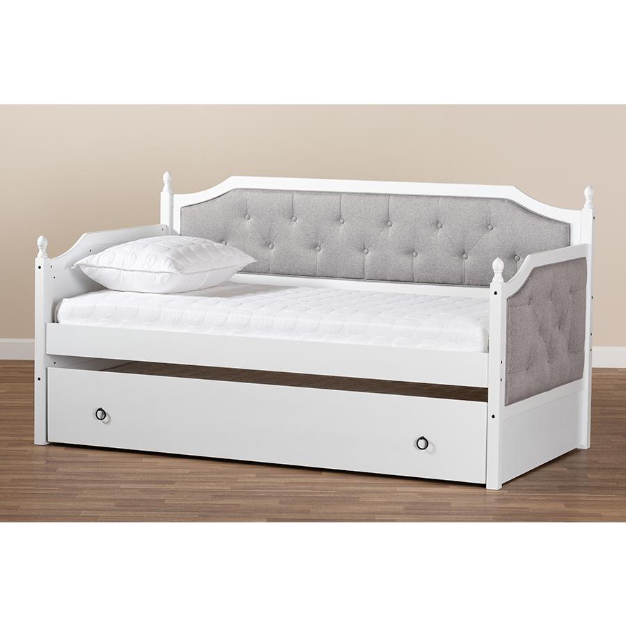 Baxton Studio Mara Classic and Traditional Grey Fabric Upholstered White Finished Wood Twin Size Daybed with Trundle. Picture 10