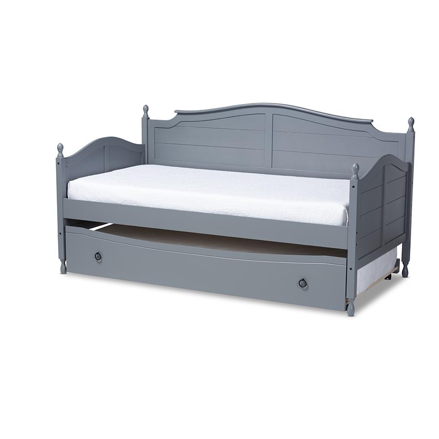 Baxton Studio Mara Cottage Farmhouse Grey Finished Wood Twin Size Daybed with Roll-Out Trundle Bed. Picture 1