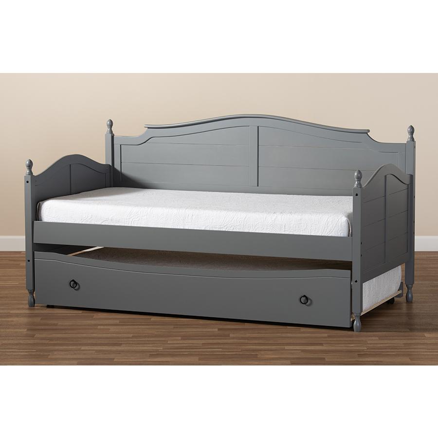 Grey Finished Wood Twin Size Daybed with Roll-Out Trundle Bed. Picture 11
