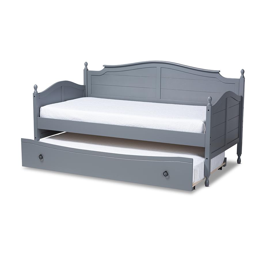 Baxton Studio Mara Cottage Farmhouse Grey Finished Wood Twin Size Daybed with Roll-Out Trundle Bed. Picture 2