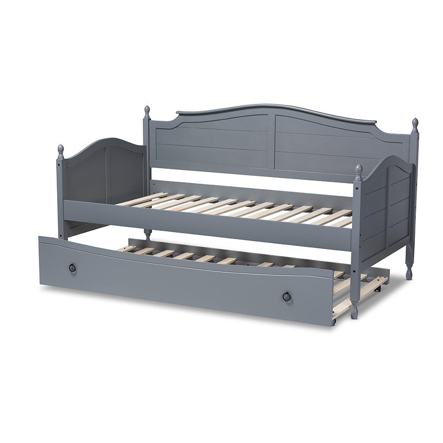 Grey Finished Wood Twin Size Daybed with Roll-Out Trundle Bed. Picture 5
