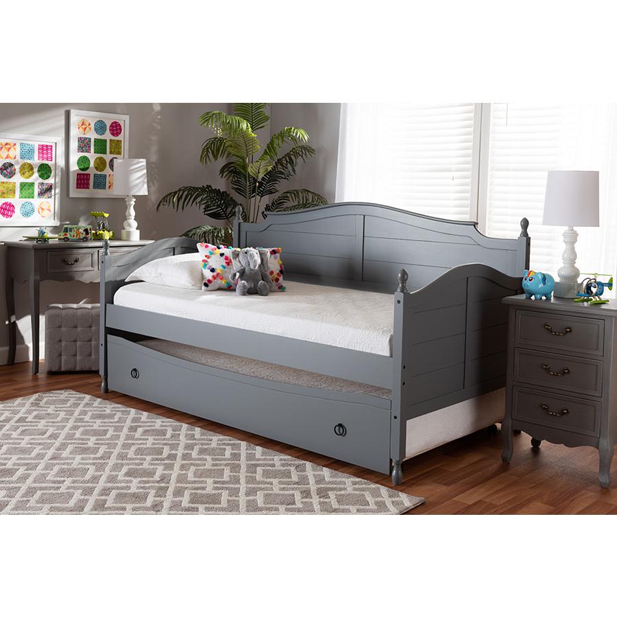 Grey Finished Wood Twin Size Daybed with Roll-Out Trundle Bed. Picture 9
