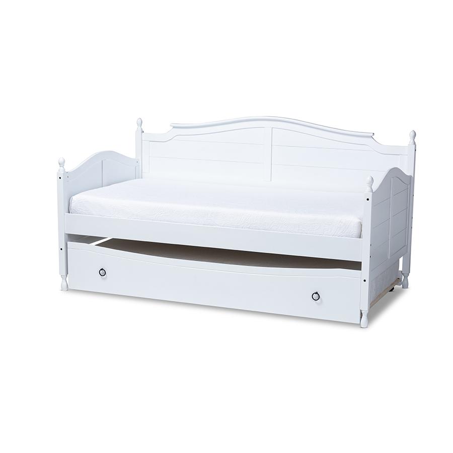 White Finished Wood Twin Size Daybed with Roll-Out Trundle Bed. Picture 1