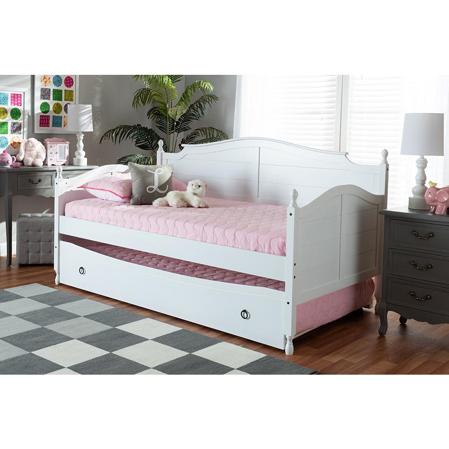 White Finished Wood Twin Size Daybed with Roll-Out Trundle Bed. Picture 9