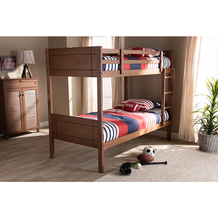 Elsie Modern and Contemporary Walnut Brown Finished Wood Twin Size Bunk Bed. Picture 5