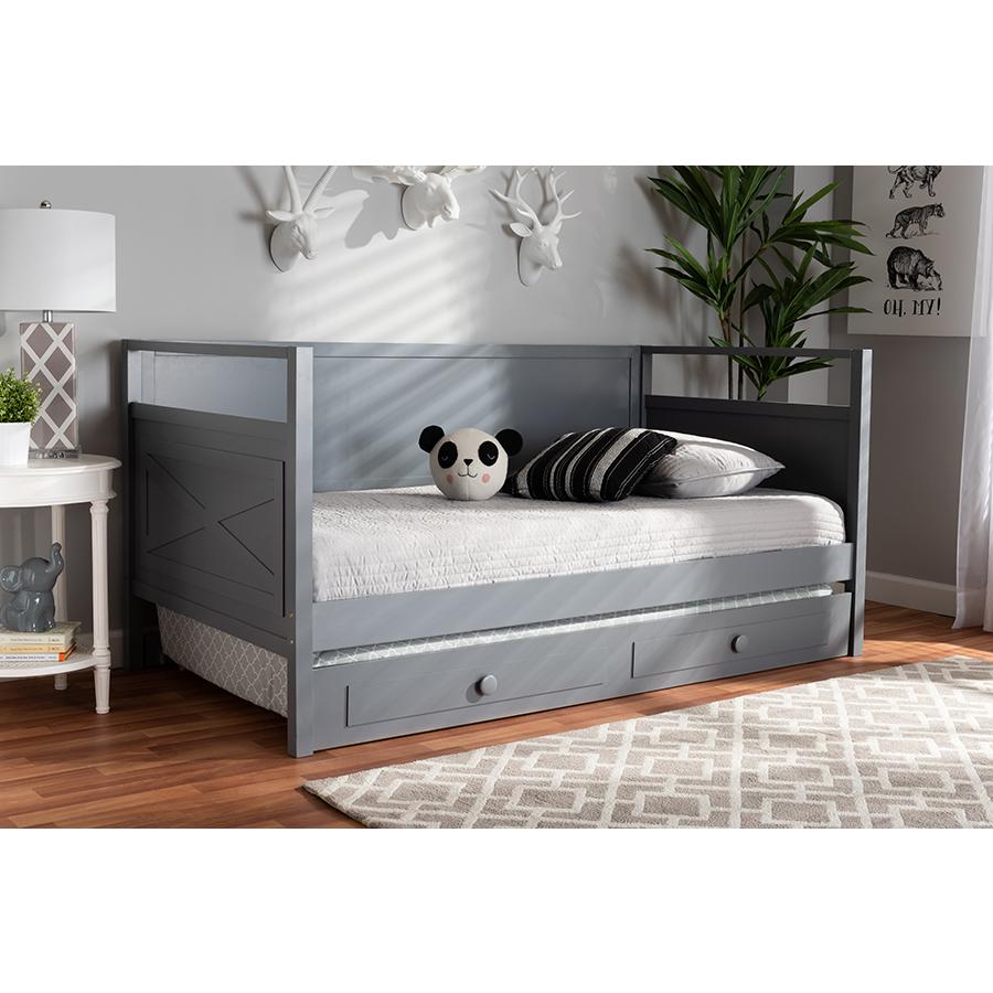 Cintia Cottage Farmhouse Grey Finished Wood Twin Size Daybed with Trundle. Picture 9