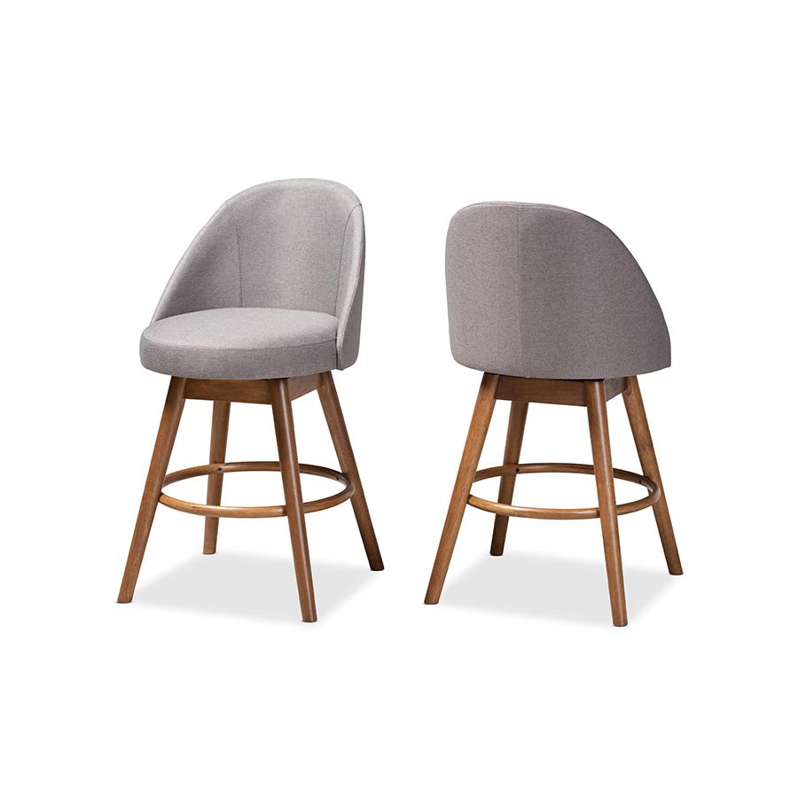 Baxton Studio Carra Mid-Century Modern Grey Fabric Upholstered Walnut-Finished Wood Swivel Counter Stool (Set of 2). Picture 2
