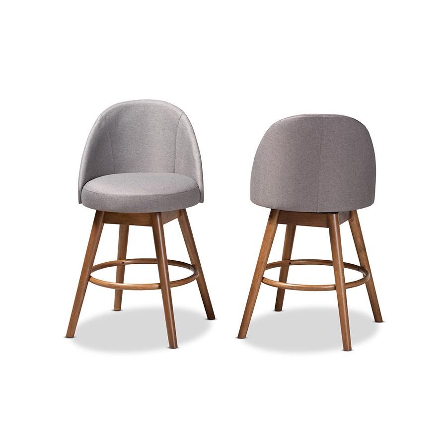 Baxton Studio Carra Mid-Century Modern Grey Fabric Upholstered Walnut-Finished Wood Swivel Counter Stool (Set of 2). Picture 3