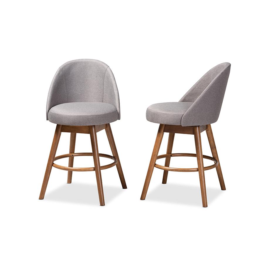 Baxton Studio Carra Mid-Century Modern Grey Fabric Upholstered Walnut-Finished Wood Swivel Counter Stool (Set of 2). Picture 4