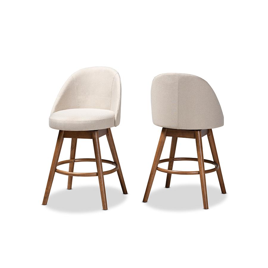 Baxton Studio Carra Mid-Century Modern Light Beige Fabric Upholstered Walnut-Finished Wood Swivel Counter Stool (Set of 2). Picture 2